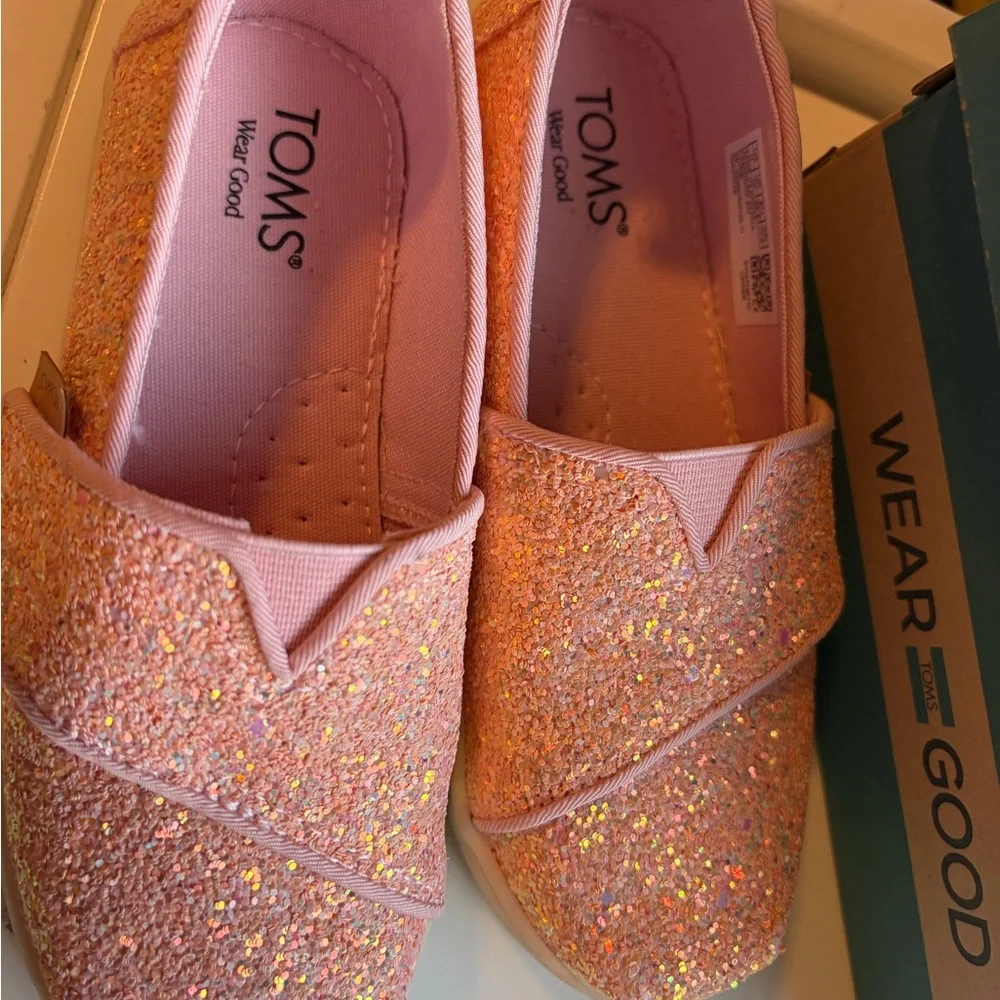 TOMS Kids Pink Glitter Slip-On Moccasins